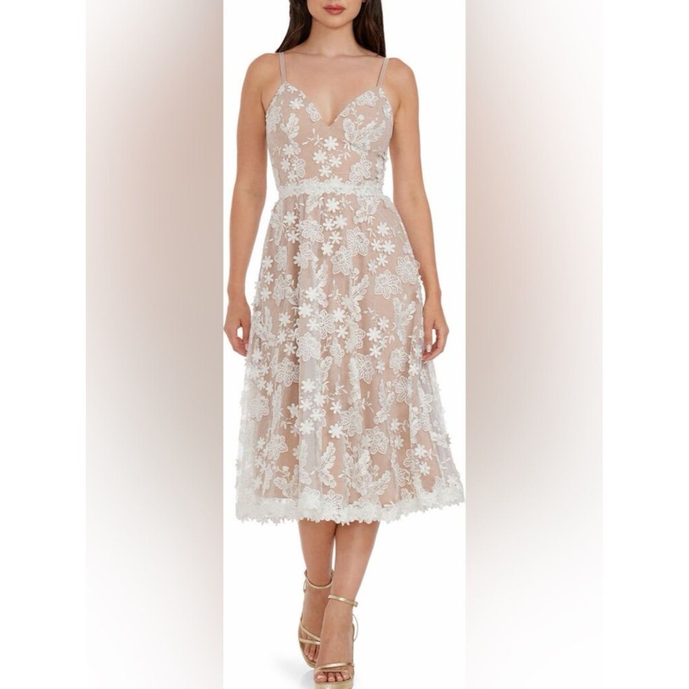 Dress the Population Floral Lace Midi Dress Nude White Size L NWT $298